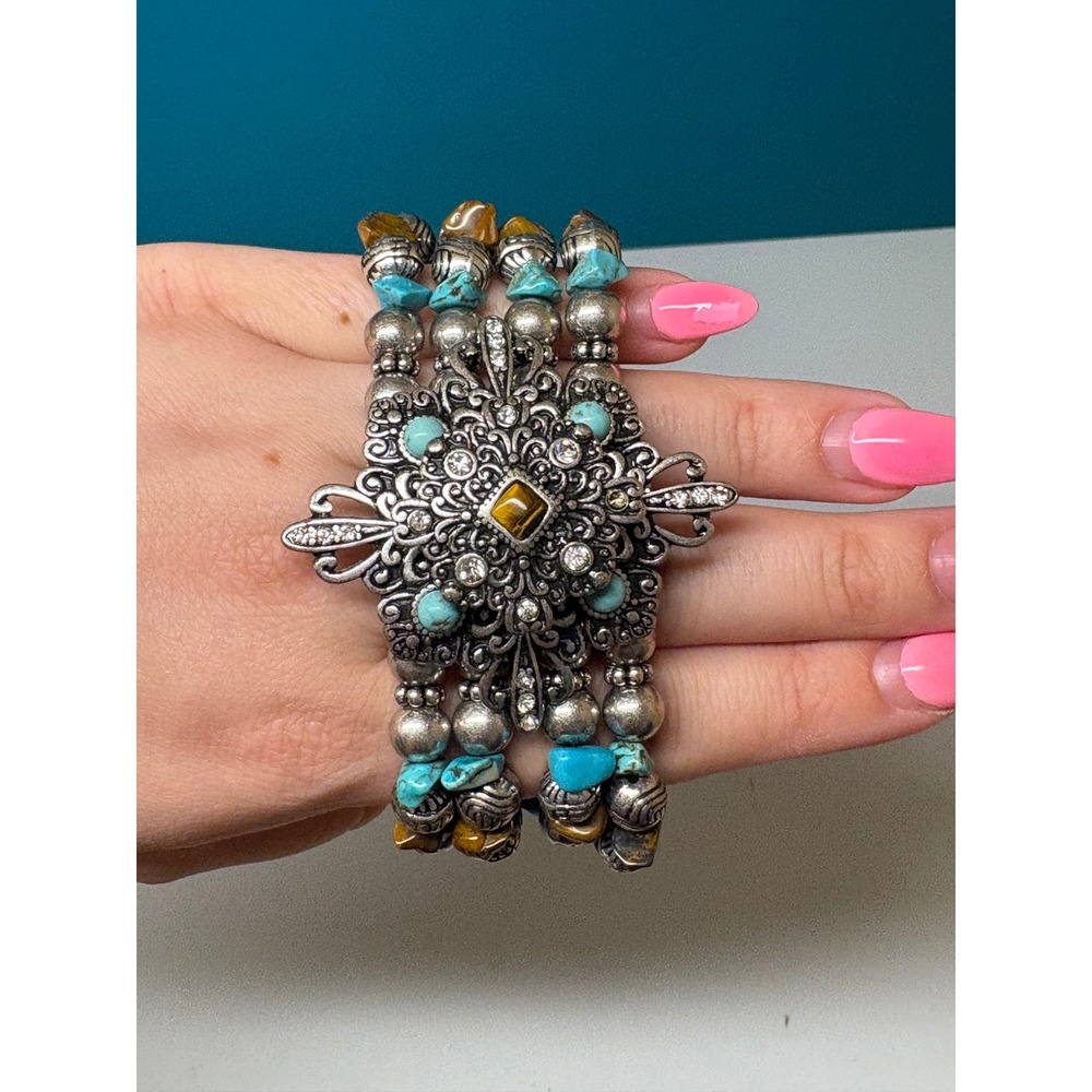 Bohemian Silver Tone Turquoise‎ Tigers Eye Multi Strand Stretch Bracelet
